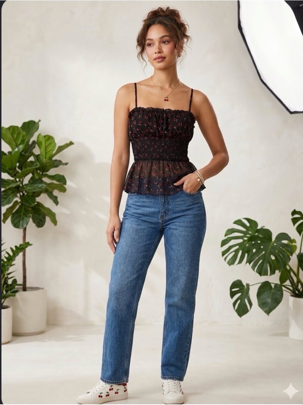 Fashion Nova Black Smocked Peplum Cami with Red Cherry Print